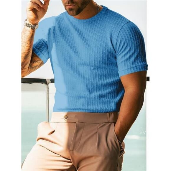Men's Ribbed Knit T Shirts Short Sleeve Crew Neck Slim Fit Stretchy Muscle Shirt - Picture 2 of 4